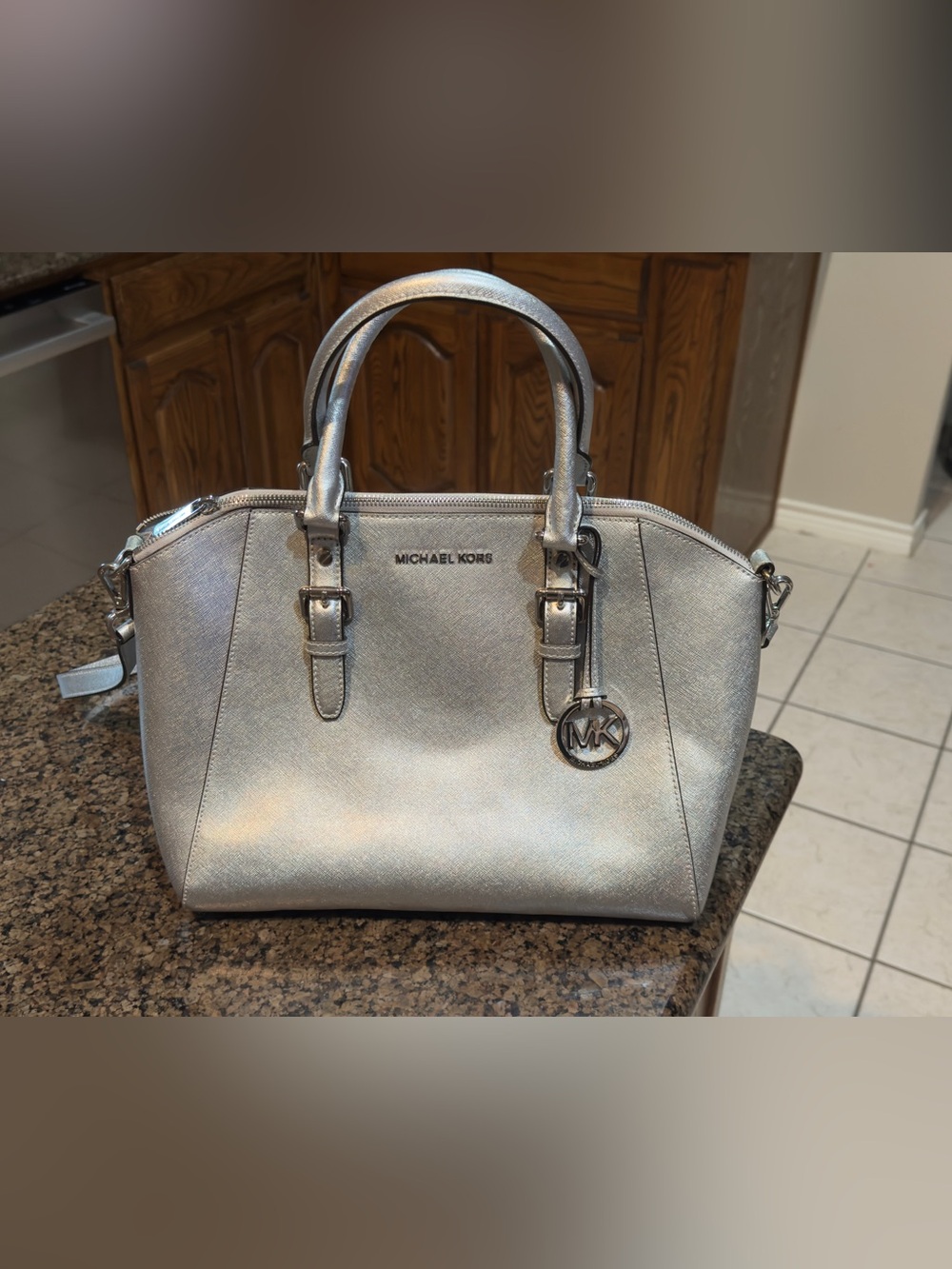 Michael Kors Metallic Silver Saffiano Satchel